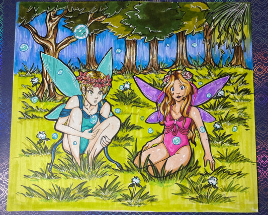 Fairy Sisters, Erial and Fawna 10.5” x 9” Traditional Artwork